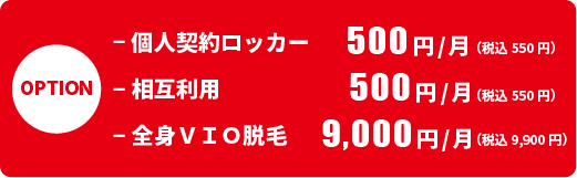 option ・個人契約ロッカー500円/月・相互利用500円/月・全身ＶＩＯ脱毛9,00円/月